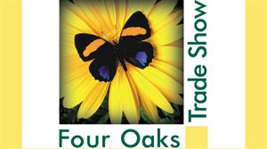 Four Oaks Trade show logo - yellow flower with butterfly